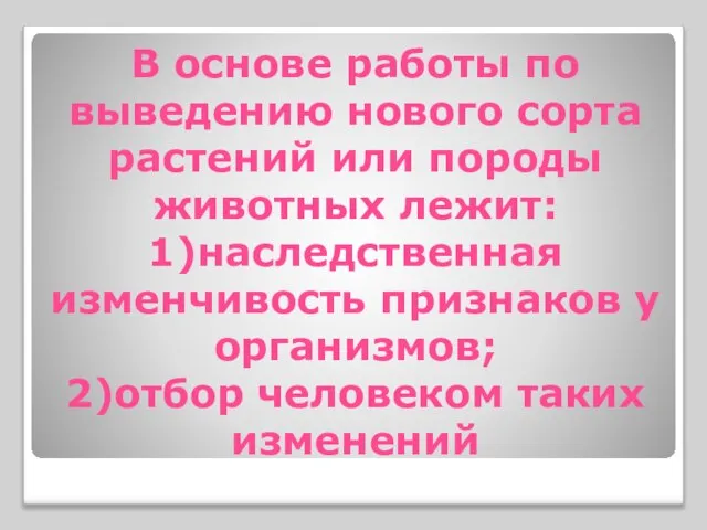 В основе работы по выведению нового сорта растений или породы животных