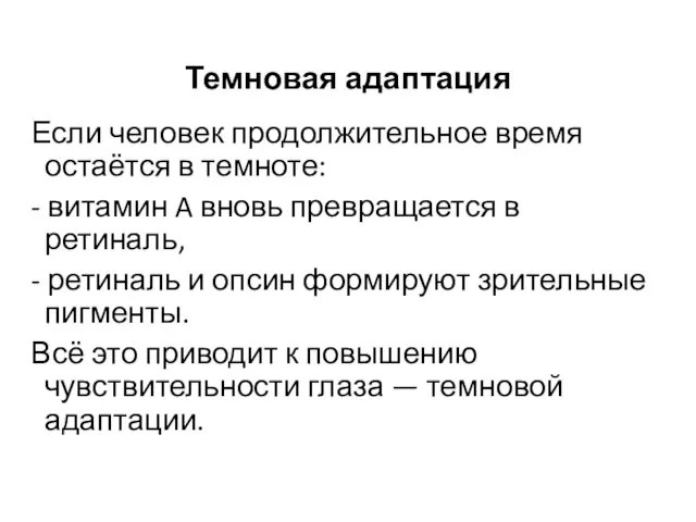 Темновая адаптация Если человек продолжительное время остаётся в темноте: - витамин