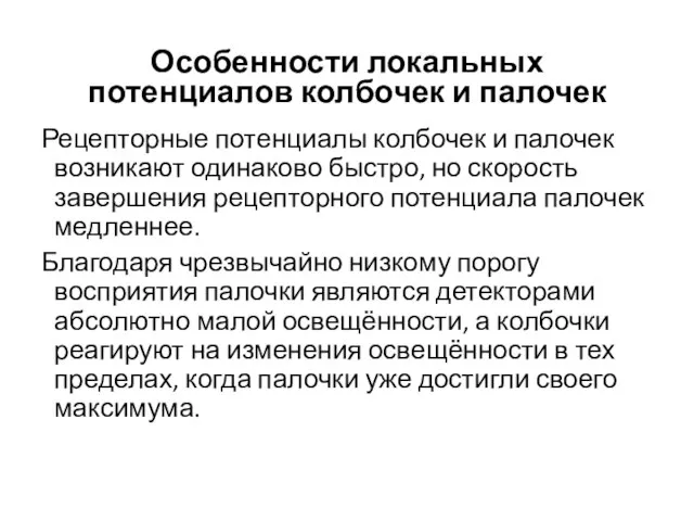 Особенности локальных потенциалов колбочек и палочек Рецепторные потенциалы колбочек и палочек