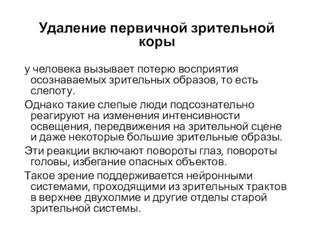 Удаление первичной зрительной коры у человека вызывает потерю восприятия осознаваемых зрительных