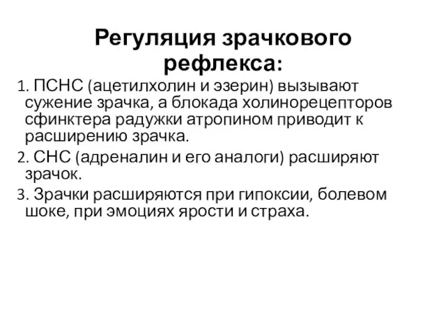 Регуляция зрачкового рефлекса: 1. ПСНС (ацетилхолин и эзерин) вызывают сужение зрачка,