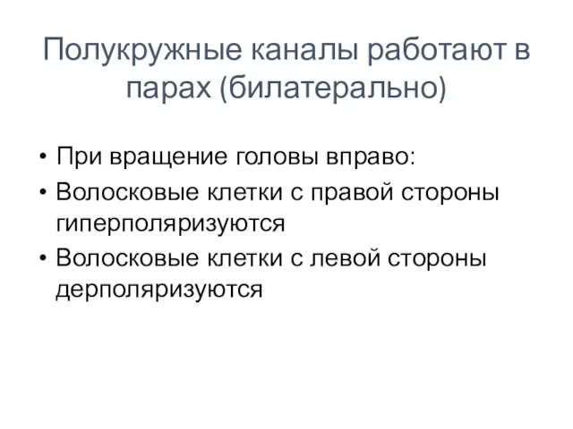 Полукружные каналы работают в парах (билатерально) При вращение головы вправо: Волосковые