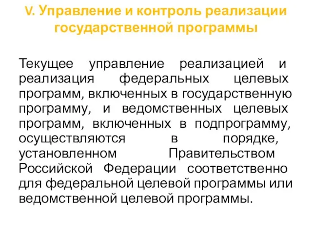 V. Управление и контроль реализации государственной программы Текущее управление реализацией и