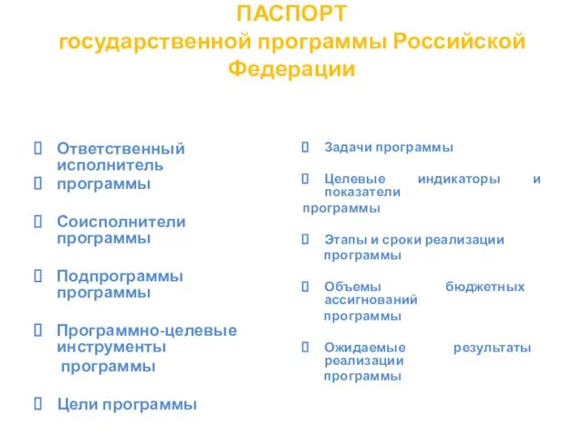 ПАСПОРТ государственной программы Российской Федерации Ответственный исполнитель программы Соисполнители программы Подпрограммы