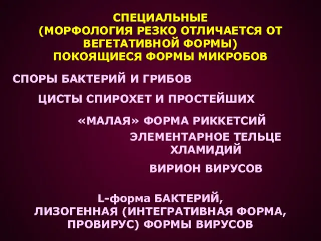 СПЕЦИАЛЬНЫЕ (МОРФОЛОГИЯ РЕЗКО ОТЛИЧАЕТСЯ ОТ ВЕГЕТАТИВНОЙ ФОРМЫ) ПОКОЯЩИЕСЯ ФОРМЫ МИКРОБОВ СПОРЫ