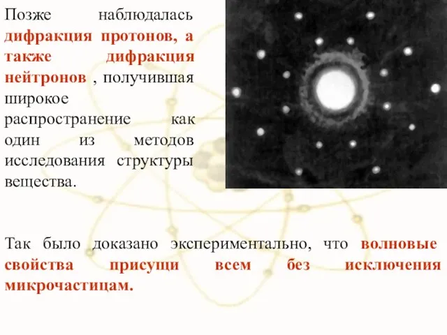 Позже наблюдалась дифракция протонов, а также дифракция нейтронов , получившая широкое