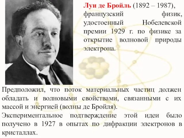 Луи де Бройль (1892 – 1987), французский физик, удостоенный Нобелевской премии