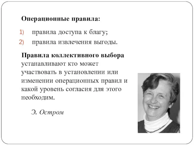 Операционные правила: правила доступа к благу; правила извлечения выгоды. Правила коллективного