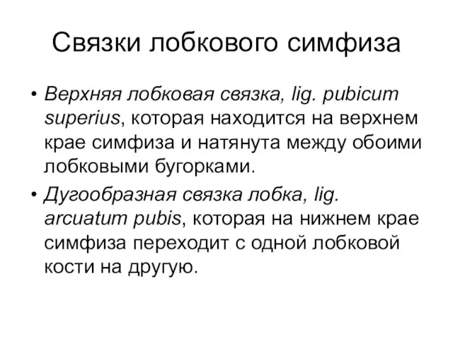 Связки лобкового симфиза Верхняя лобковая связка, lig. pubicum superius, которая находится