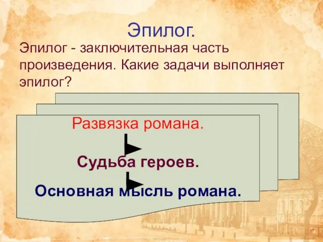 Эпилог. Эпилог - заключительная часть произведения. Какие задачи выполняет эпилог? Развязка