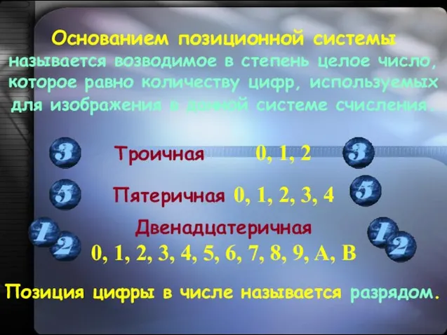 Основанием позиционной системы называется возводимое в степень целое число, которое равно