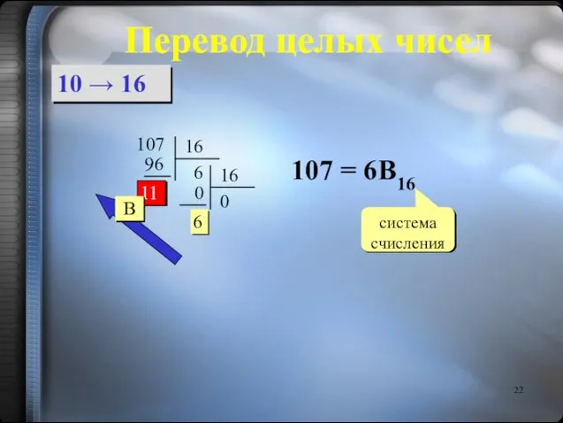 10 → 16 107 107 = 6B16 система счисления B Перевод целых чисел