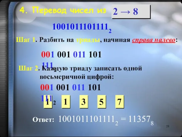 4. Перевод чисел из 10010111011112 Шаг 1. Разбить на триады, начиная