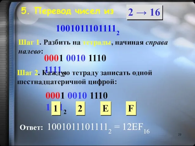 10010111011112 Шаг 1. Разбить на тетрады, начиная справа налево: 0001 0010