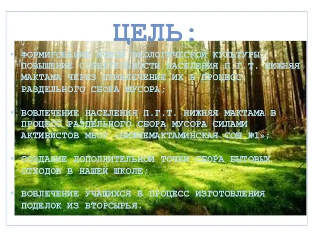 ЦЕЛЬ: ФОРМИРОВАНИЕ НОВОЙ ЭКОЛОГИЧЕСКОЙ КУЛЬТУРЫ, ПОВЫШЕНИЕ СОЗНАТЕЛЬНОСТИ НАСЕЛЕНИЯ П.Г.Т. НИЖНЯЯ МАКТАМА