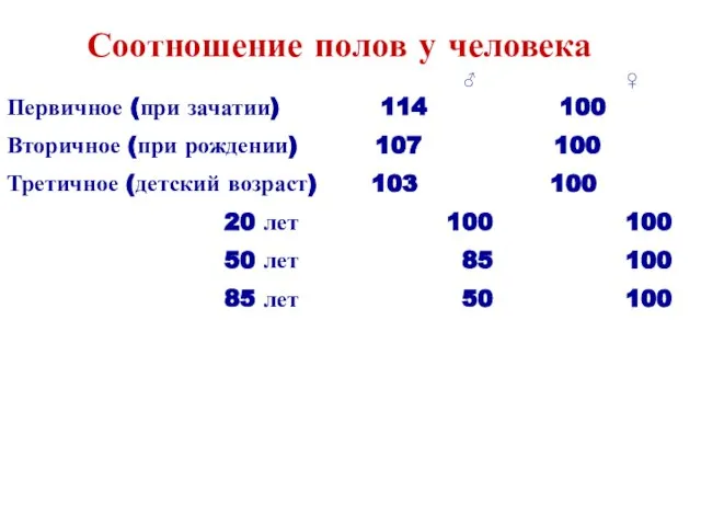 Соотношение полов у человека ♂ ♀ Первичное (при зачатии) 114 100