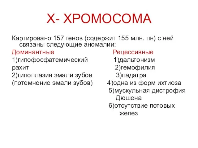 Х- ХРОМОСОМА Картировано 157 генов (содержит 155 млн. пн) с ней