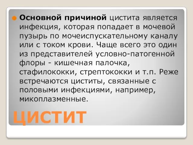 ЦИСТИТ Основной причиной цистита является инфекция, которая попадает в мочевой пузырь