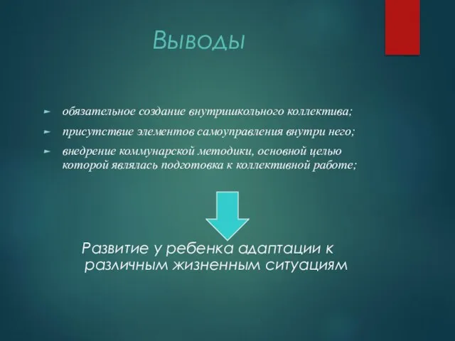 Выводы обязательное создание внутришкольного коллектива; присутствие элементов самоуправления внутри него; внедрение