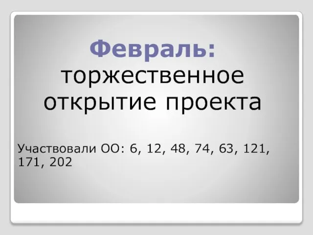 Февраль: торжественное открытие проекта Участвовали ОО: 6, 12, 48, 74, 63, 121, 171, 202