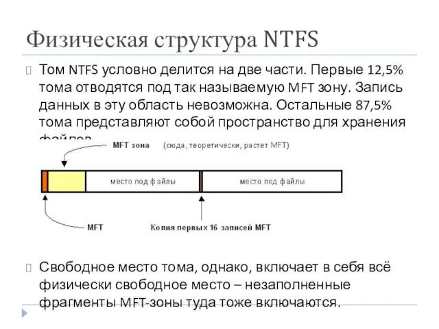 Физическая структура NTFS Том NTFS условно делится на две части. Первые