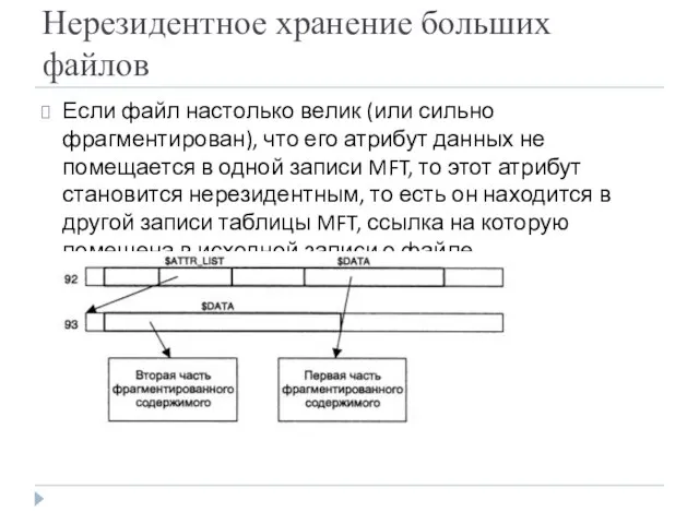 Нерезидентное хранение больших файлов Если файл настолько велик (или сильно фрагментирован),