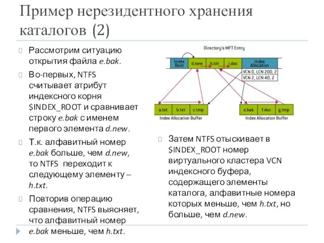 Пример нерезидентного хранения каталогов (2) Рассмотрим ситуацию открытия файла e.bak. Во-первых,