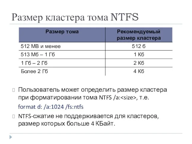 Размер кластера тома NTFS Пользователь может определить размер кластера при форматировании