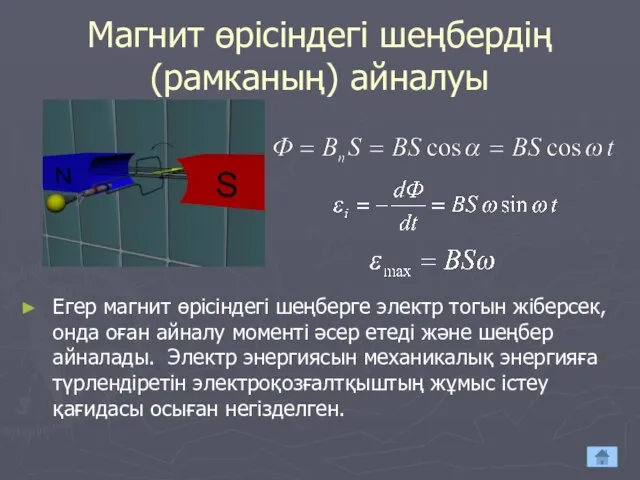 Магнит өрісіндегі шеңбердің (рамканың) айналуы Егер магнит өрісіндегі шеңберге электр тогын