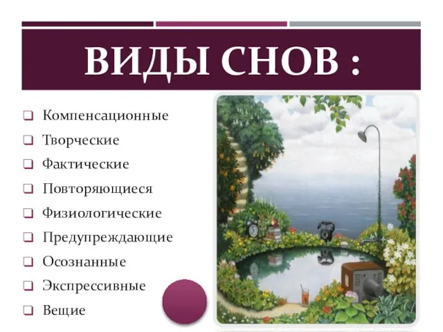 ВИДЫ СНОВ : Компенсационные Творческие Фактические Повторяющиеся Физиологические Предупреждающие Осознанные Экспрессивные Вещие