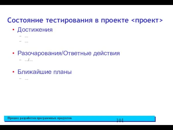 Достижения … … Разочарования/Ответные действия …/… Ближайшие планы … Состояние тестирования в проекте