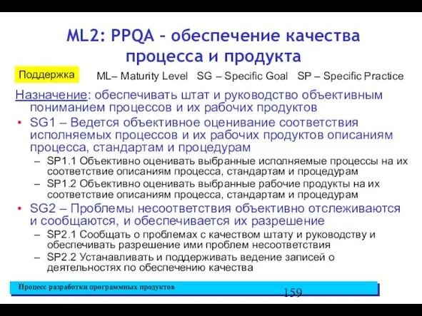 ML2: PPQA – обеспечение качества процесса и продукта Назначение: обеспечивать штат