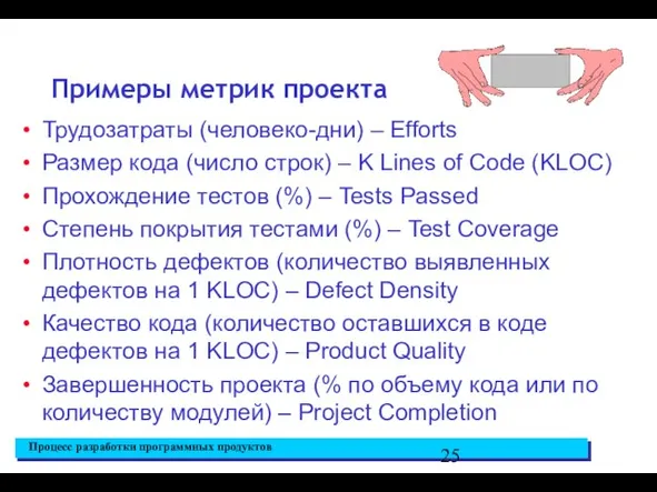 Примеры метрик проекта Трудозатраты (человеко-дни) – Efforts Размер кода (число строк)