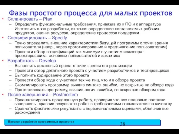 Фазы простого процесса для малых проектов Спланировать – Plan Определить функциональные