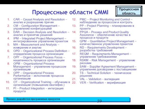 Процессные области CMMI CAR – Causal Analysis and Resolution – анализ