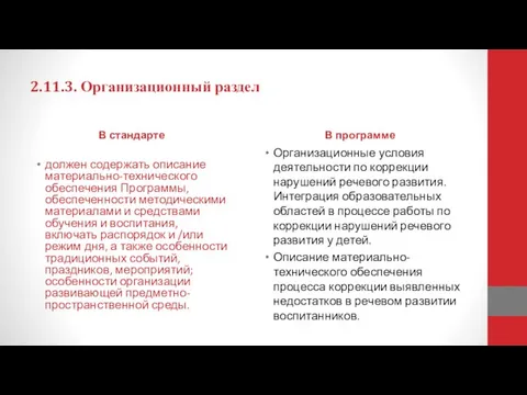 2.11.3. Организационный раздел В стандарте должен содержать описание материально-технического обеспечения Программы,