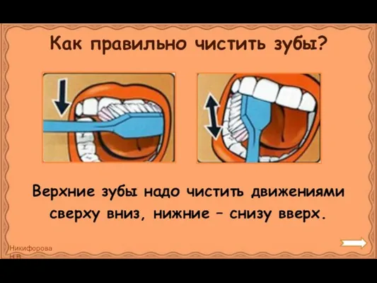 Как правильно чистить зубы? Верхние зубы надо чистить движениями сверху вниз, нижние – снизу вверх.