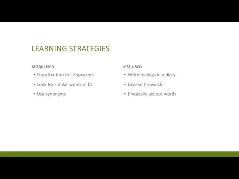 LEARNING STRATEGIES MORE USED Pay attention to L2 speakers Look for