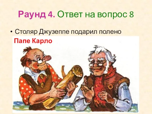 Раунд 4. Ответ на вопрос 8 Столяр Джузеппе подарил полено Папе Карло