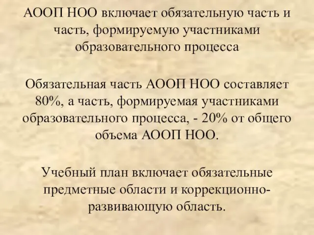 АООП НОО включает обязательную часть и часть, формируемую участниками образовательного процесса