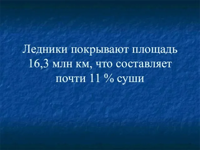 Ледники покрывают площадь 16,3 млн км, что составляет почти 11 % суши