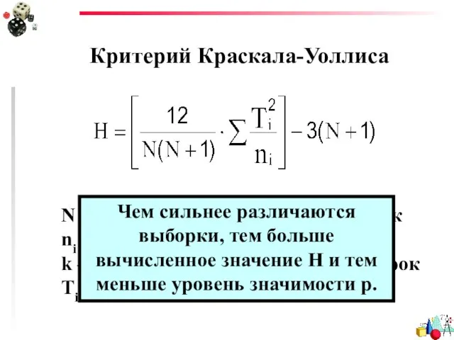 Критерий Краскала-Уоллиса N – общая численность всех выборок ni – численность