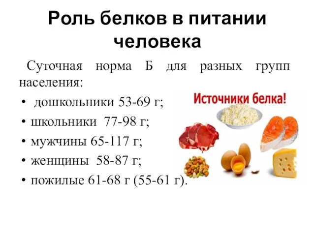 Роль белков в питании человека Суточная норма Б для разных групп