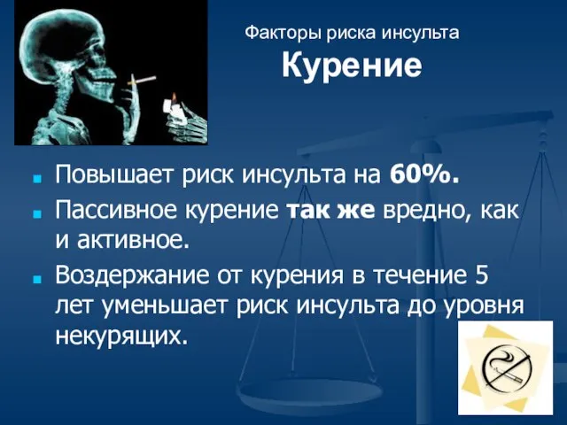 Факторы риска инсульта Курение Повышает риск инсульта на 60%. Пассивное курение