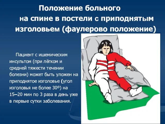 Положение больного на спине в постели с приподнятым изголовьем (фаулерово положение)