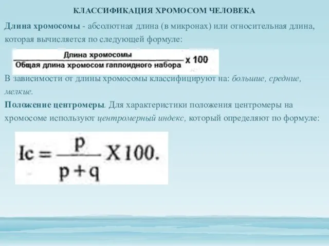 КЛАССИФИКАЦИЯ ХРОМОСОМ ЧЕЛОВЕКА Длина хромосомы - абсолютная длина (в микронах) или