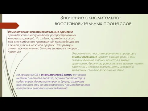 Значение окислительно-восстановительных процессов Окислительно-восстановительные процессы принадлежат к числу наиболее распространенных химических