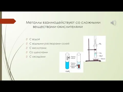 Металлы взаимодействуют со сложными веществами-окислителями С водой С водными растворами солей