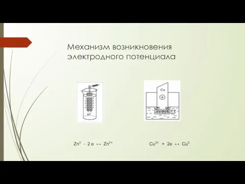 Механизм возникновения электродного потенциала Zn0 - 2 e ↔ Zn2+ Cu2+ + 2e ↔ Cu0