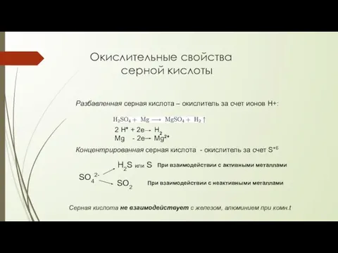 Окислительные свойства серной кислоты Разбавленная серная кислота – окислитель за счет